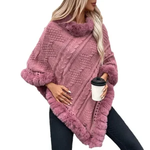 Loose large size autumn and winter warm imitation rabbit fur collar cape 2024 cross-border new rough twist sweater jacket - AliExpress Sweaters&Jumpers