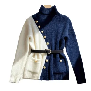 Irregular oblique button design sense contrasting color long-sleeved knitted 2025 autumn and winter loose casual lapel sweater - AliExpress Sweaters&Jumpers