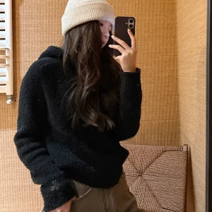 Soft Fce Hooded Cardigan Coat Women's Casual Sle Polyester Fiber Long Sve Zipper Closure Bubble Hat Design Spring Out... - AliExpress Sweaters&Jumpers