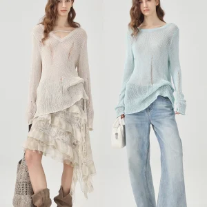 Casual Loose Fit Long Sve T-irt Linen Hollow out Design Boat Ne Knitted Sweater Versatile Wearable Sli And Comfort... - AliExpress Sweaters&Jumpers
