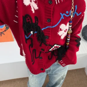Red Woolen Knitted Sweater Coat with Tassel And  Pattern for Women Vintage Sle Loose Fit Long Sve round Ne Coat - AliExpress Sweaters&Jumpers