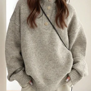 Women's Oversized Half Placket Turtleneck Sweater for Autumn Winter Casual Wear - AliExpress Sweaters&Jumpers