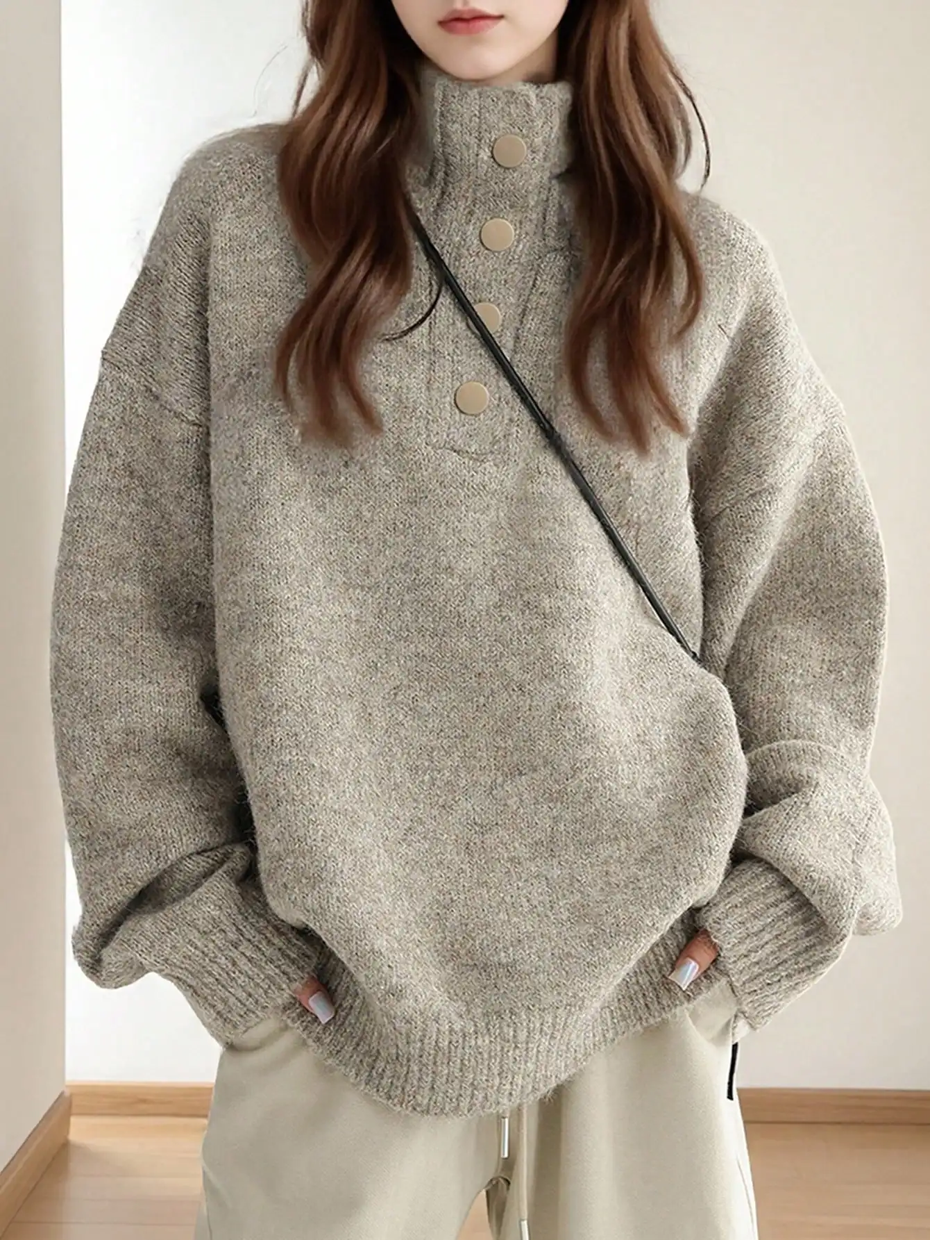 Women's Oversized Half Placket Turtleneck Sweater for Autumn Winter Casual Wear - AliExpress Sweaters&Jumpers