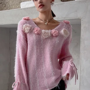 French Elegant Style V-Neck 3D Flower Lace-Up Long Sleeve Sweet Versatile Knitted Sweater Casual Pullover Tops for Women Autumn - AliExpress Sweaters&Jumpers