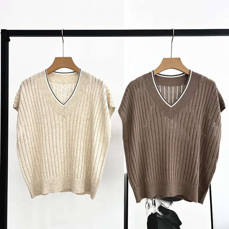 New 25 Spring And Summer Vest Pullover V-Neck Contrast Color Sleeveless Loose Hollow Sequined Linen Sweater Vest For Women - AliExpress Sweaters&Jumpers