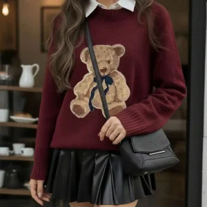 Women's Maroon Knit Crew Neck Sweater with Embroidered Bear Motif, Loose Fit, Long Sleeve - AliExpress Sweaters&Jumpers