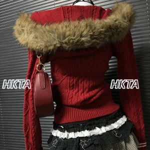 American Commuter Slim Fit Warm Hooded Red Sweater Jackets Girl 2025 Autumn Winter Waist Short Knitted Cardigan Coat Top Women - AliExpress Sweaters&Jumpers