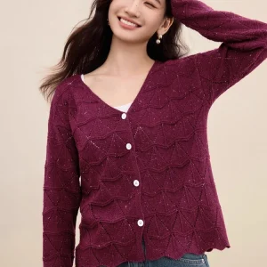 SENTUBILA Women's Cardigan 2026 Autumn V-Neck Contrast Color Wave-Patterned Checkerboard Loose-fit Knit Sweater W53EB3466 - AliExpress Sweaters&Jumpers