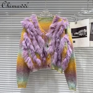 Korean Style Fashion Socialite Knitted Sweater Plush Patchwork V-Neck Long Sleeve Single-Breasted Cardigan Jacket Women Autumn - AliExpress Sweaters&Jumpers