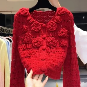 Sli Red Knitted Sweater Women's Slim Fit Beautiful 3D Flower Design Casual Winter Top Breathable Soft Medium Thi - AliExpress Sweaters&Jumpers