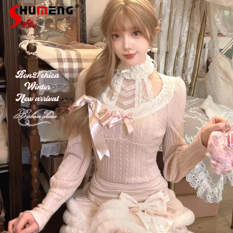 Japanese Lolita Y2k Lace Crown Slimming Halter Knitted Base Shirt French Style Chic Elegant Long-sleeves Sweater Kawaii Clothes - AliExpress Sweaters&Jumpers