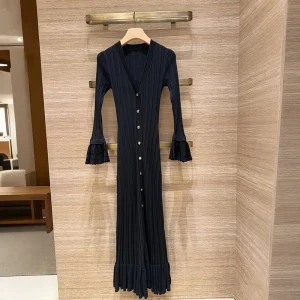 Spring Summer Hepburn Sle Long Knitted Slim Fit Dr with Bell Sves V Ne Ribbing Gold Button Fem Faion - AliExpress Sweaters&Jumpers