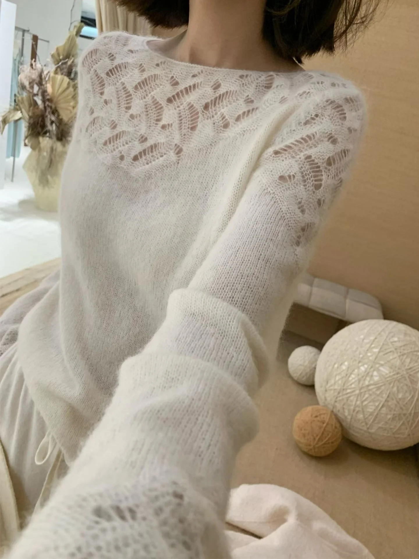 White Hollow Knitted Alpaca Wool Women's irt 2025 Winter New Gentle Sle One-oulder Inner Wear Soft Loose Fit Long Sve - AliExpress Sweaters&Jumpers