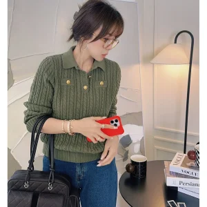 Tang  Jialing Sister's "Ele Slow Life"  Collar Cotton Twisted Knitwear Baatone Pure Cotton Long Sve Women's ... - AliExpress Sweaters&Jumpers