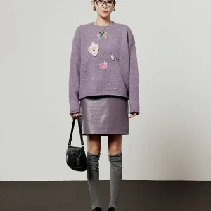 Purple Embroidered Sequin Casual Commute Sle Knitted Sweater Women's New Spring 2026 Zhou Li Wu Brand Straight Cut Knitwear - AliExpress Sweaters&Jumpers
