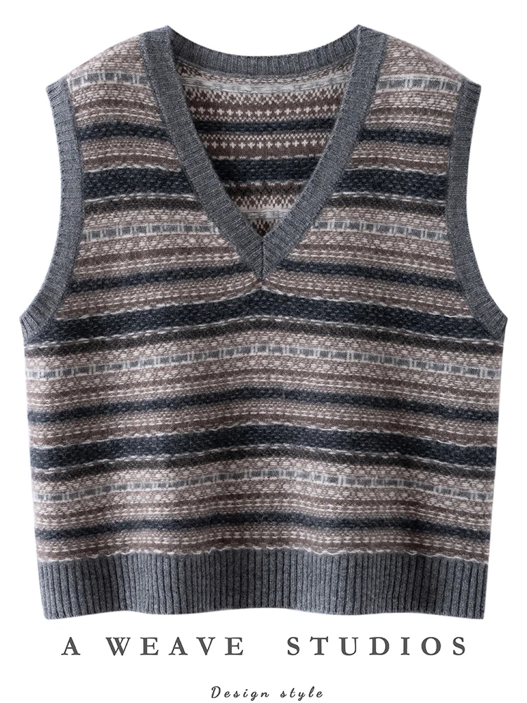 Vintage Vests Women's V-neck Jacquard Pullover 100% Cashmere Sweater Autumn Winter Fair Isle Style Sleeveless Waistcoat Knitwear - AliExpress Sweaters&Jumpers