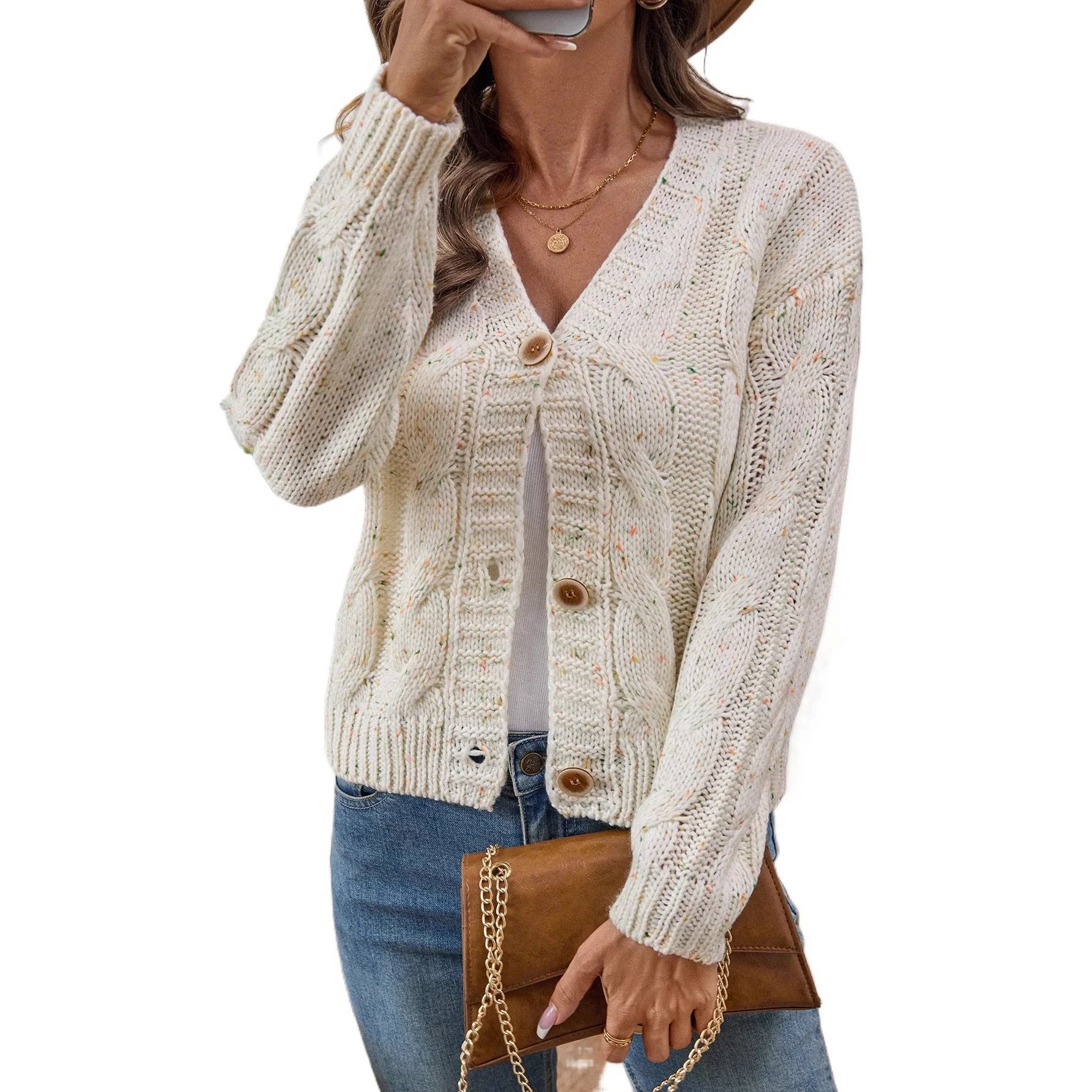 2025 cross-border foreign trade color dot long-sleeved button autumn winter soft waxy thick thread thin women's knitted sweater - AliExpress Sweaters&Jumpers