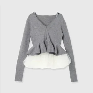 Japanese New Autumn and Winter Female Elegant V-Neck Ruffled Hem Short Knitted Cardigan Mesh Vest 2 Piece Set Women Sweater Top - AliExpress Sweaters&Jumpers