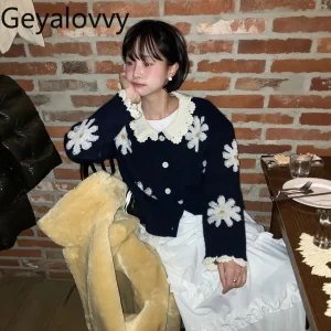 Wool Blend Fashion Knitted Cardigans Coat Women Jacquard Hand-Crocheted Sweet Long-Sleeve Knitted Cardigan with Turn-Down Collar - AliExpress Sweaters&Jumpers