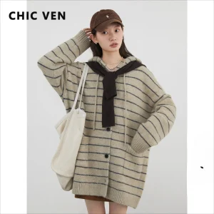 CHIC VEN Korean Women Cardigan Loose Casual Hoodie Knitted Sweaters Lace-up Striped Jumpers Female Jacket Autumn Winter 2025 - AliExpress Sweaters&Jumpers