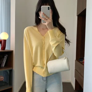Ele Commute Woolen Knitted Cardigan V-Ne Button Design Ultra-Fine Crossed Buttons Basic Workwear Long Sve Top - AliExpress Sweaters&Jumpers