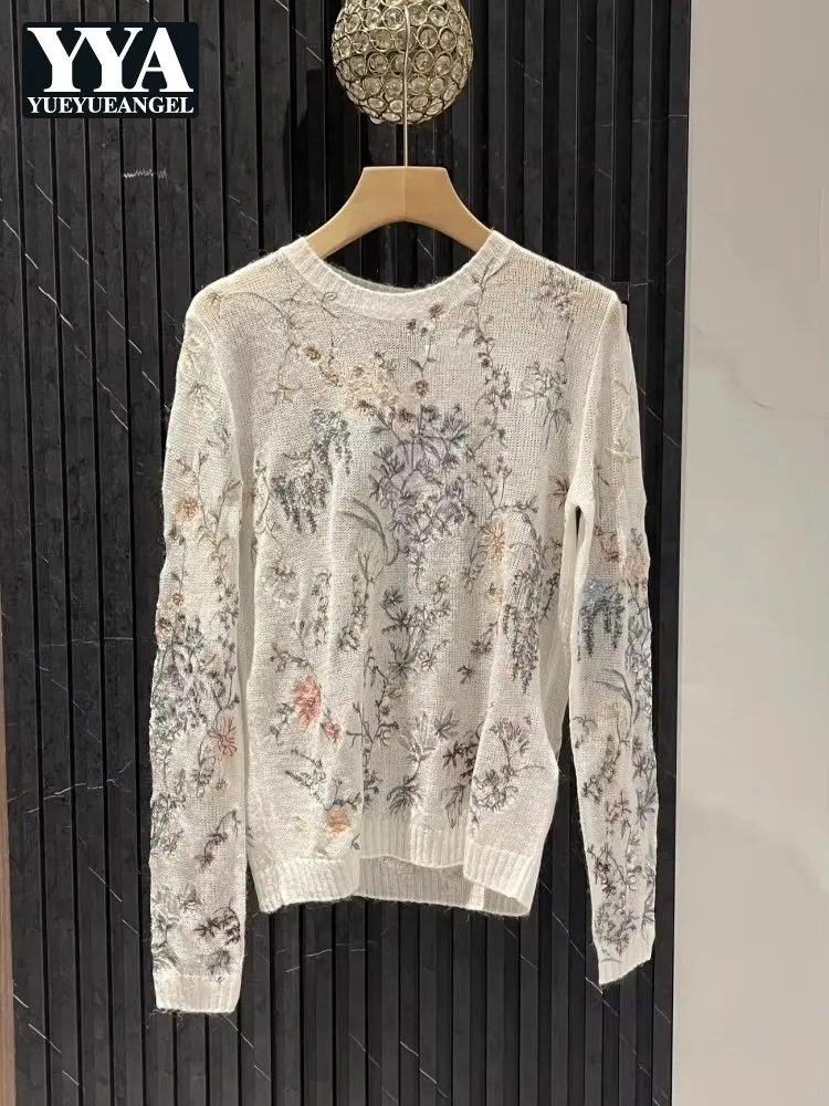 Fashion Designer Women Floral Embroidery Pullover Sweater Tops Elegant Ladies Long Sleeve O Neck Woolen Holiday Knitted Jumpers - AliExpress Sweaters&Jumpers