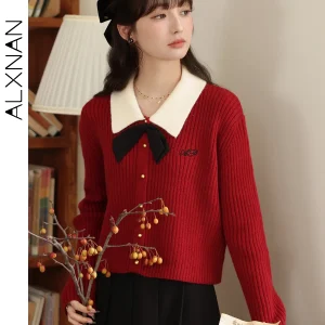 ALXNAN Women's Knitted Pullovers 2026 Autumn Polo Collar Bow Letter Embroidery Sweaters Elegant Long Sleeve Knit Tops LXN31750 - AliExpress Sweaters&Jumpers