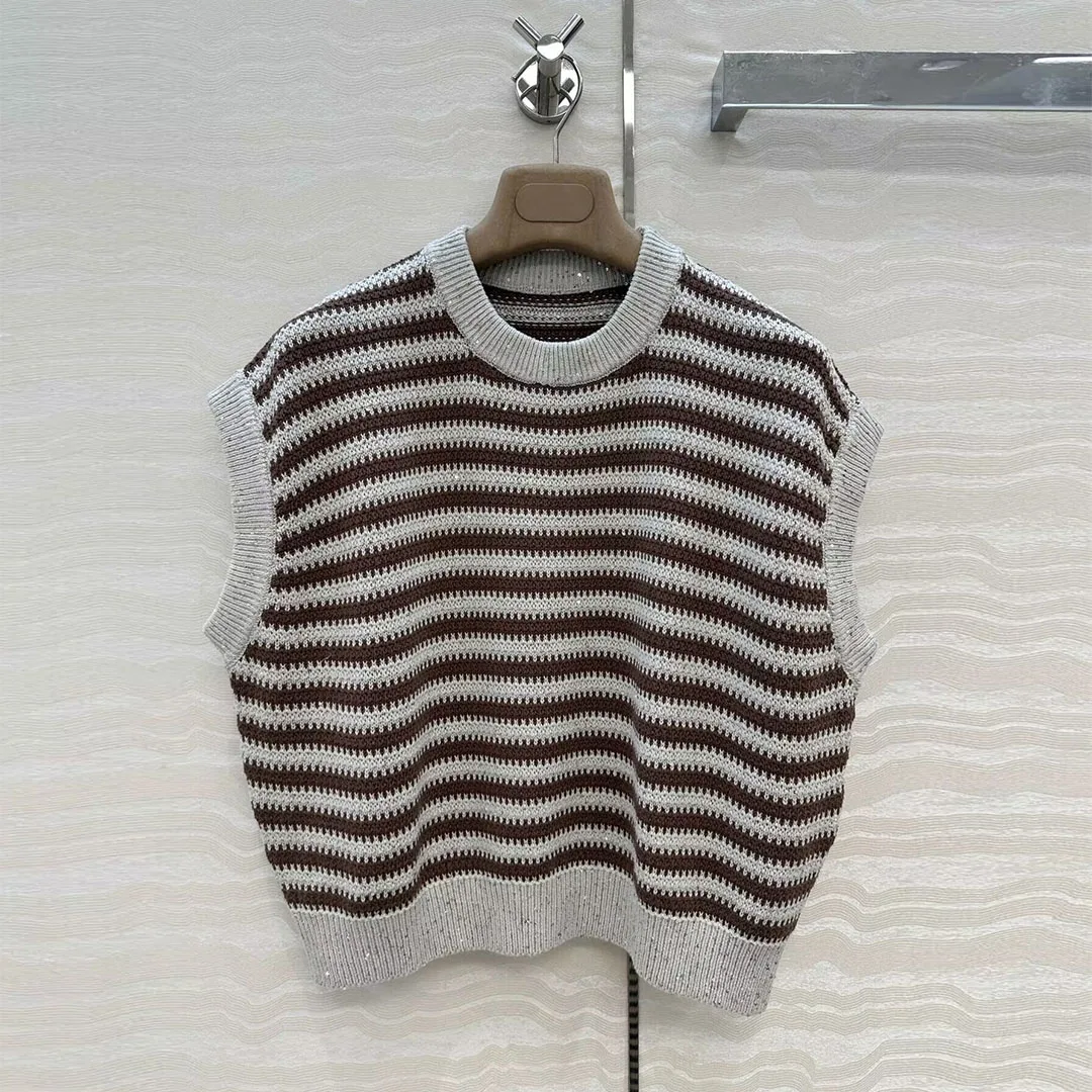 2025 Early Autumn Stripes Pattern Knitting Tank Women Pullover O-neck Batwing Sleeveless Sequins Loose Casual Sweater Vest - AliExpress Sweaters&Jumpers