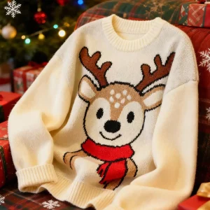 Cream Loose Fit Crew Neck Long Sleeve Knit Sweater with Festive Deer Motif for Women - AliExpress Sweaters&Jumpers