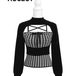 Japanese Style Fashion Ladies Knit Shirt Autumn Winter New Houndstooth Hollow Out Sweet Lace-up Knitted Vest Set for Women - AliExpress Sweaters&Jumpers