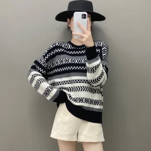 Winter Women's 100% Cashmere Sweater Casual Striped Knitted Blouse Loose round Neck Warm Geometry Jumper Casual Winter Top - AliExpress Sweaters&Jumpers