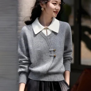 ay Button-Up Loose Knitted Sweater Women's Faion Commute Sle Fake Two-Piece Design Turn-down Collar Autumn New Arrival - AliExpress Sweaters&Jumpers
