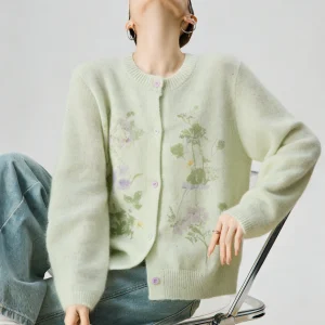 Green Floral Print round Neck Knitted Open Cardigan Women's Spring 2026 Loose Casual Style Long Sleeve Polyester Blend Top - AliExpress Sweaters&Jumpers