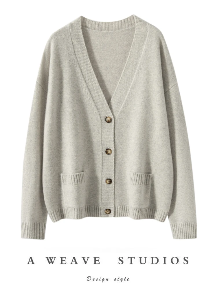 Women's V-neck Cardigans 100% Cashmere Sweater Loose Office Lady Knitwear Retro Pockets Style Autumn Winter Essential Outerwear - AliExpress Sweaters&Jumpers