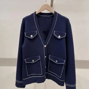 High-End French Style Elegant Temperament Color-Block Stitching Dark Blue Sweater Coat Single-Breasted V-Neck Knitted Cardigan - AliExpress Sweaters&Jumpers