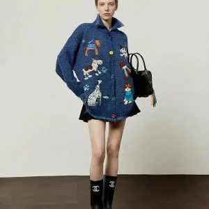 Blue Knitted Loose Women's Sweater Spring 2026 New Sle Dog Pattern Color Blo Vintage Open Cardigan Casual Faion - AliExpress Sweaters&Jumpers