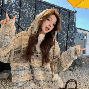 Loose Women's Artistic Mixed Color Hoodie Knitted Sweater Comfortable Long Sve Mid-Length Coat Sle Autumn Winter New Arr... - AliExpress Sweaters&Jumpers
