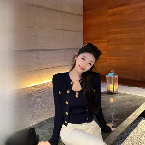 Laoqian Old Dr 60-Strand Lustrous Double-Curved Stoll hine-Woven Balm Indigo Color Gold Button Strap Open Cardigan - AliExpress Sweaters&Jumpers
