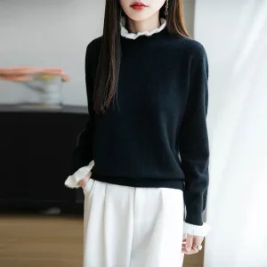 100% Wool Ruffled - Neck Solid Color Knitted Sweater, Women’s Pullover, a Gentle Texture Choice - AliExpress Sweaters&Jumpers