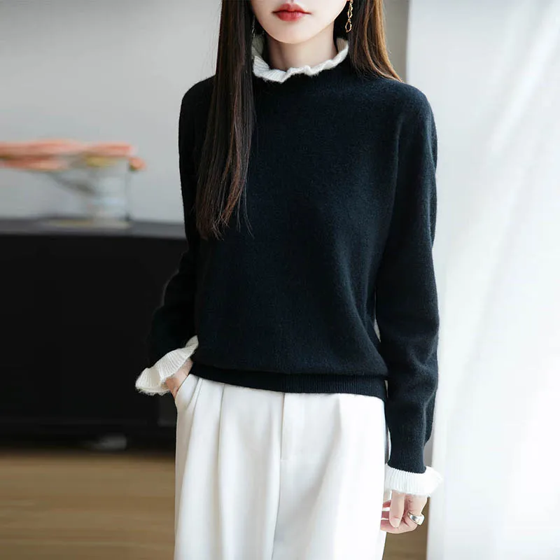 100% Wool Ruffled - Neck Solid Color Knitted Sweater, Women’s Pullover, a Gentle Texture Choice - AliExpress Sweaters&Jumpers