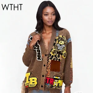 WTHT Fashion Women's Spliced Plush Badge Hole Knit Cardigan 2025 Winter Trendy V-neck Long Sleeves Sweater Female 1LS2771 - AliExpress Sweaters&Jumpers