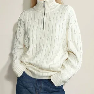 Pure Wool Cable Sweater Quarter Zip Oversize Polo Jumper Women - AliExpress Sweaters&Jumpers
