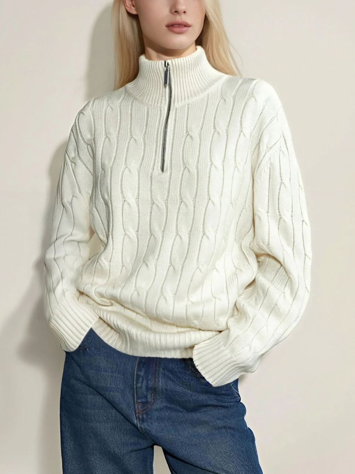 Pure Wool Cable Sweater Quarter Zip Oversize Polo Jumper Women - AliExpress Sweaters&Jumpers