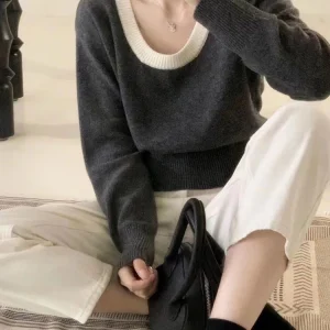 Contrast color V-neck 100% cashmere sweater female waist in autumn and winter slim temperament gentle bottoming sweater - AliExpress Sweaters&Jumpers