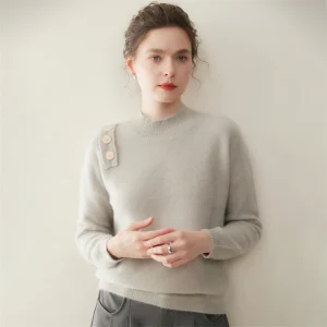 Women's Mock Neck Cashmere Sweater Shoulder Button Decoration Pullover Thick Loose 100% Cashmere Knitwear Autumn Winter Soft Top - AliExpress Sweaters&Jumpers