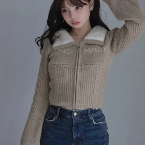 Japanese New Autumn and Winter Women's Short Sweaters Sweet Plush Lapel Letters Short Zipper Knitted Cardigan Coat - AliExpress Sweaters&Jumpers