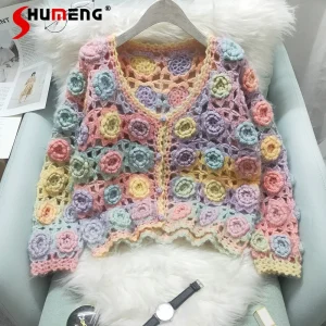 2024 Autumn Winter New Design Knitwear Heavy Industry Manual Rose Crocheted Hollow-out Knitted Cardigan Sweater Top Coat Women - AliExpress Sweaters&Jumpers