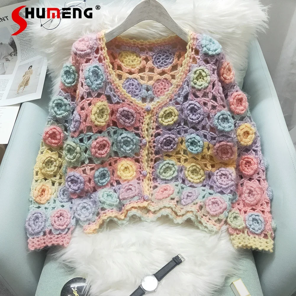 2024 Autumn Winter New Design Knitwear Heavy Industry Manual Rose Crocheted Hollow-out Knitted Cardigan Sweater Top Coat Women - AliExpress Sweaters&Jumpers