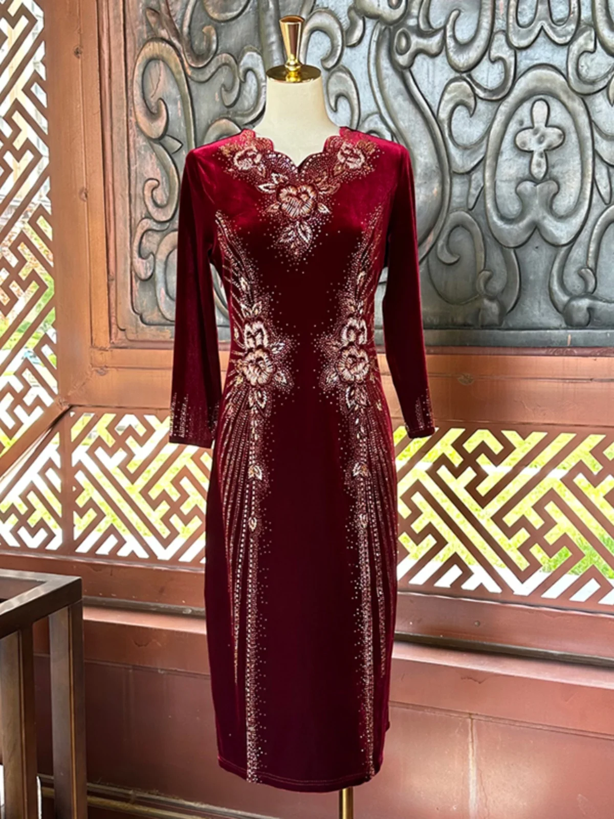 Ele Velvet Qipao Dr for Older Women Spring Autumn Sle Wedding Dr Materni Gift Long Sve V Ne mid Length - AliExpress Sweaters&Jumpers