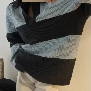 Loose Knitted Woolen Sweater  Collar Color Blo Striped Korean Sle Women's Winter Faion Online Exclusive - AliExpress Sweaters&Jumpers